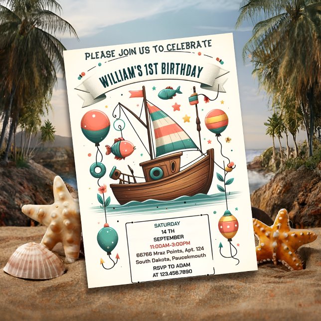 Convite menino bonitinho de bote alegre Peixe de um primei (Criador carregado)