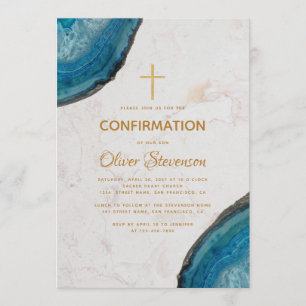 Convite Menino Confirmação Azul Geodo Ágata Cruz de Ouro