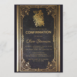Convite Menino Confirmação Cruz Dourada & Livro Elegante V