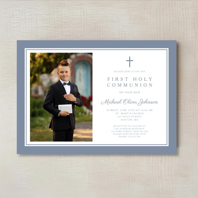 Convite Menino Cruz Azul Empoeirado Moderno Foto Primeira  (Modern Dusty Blue Cross Boy Photo First Communion Invitation)