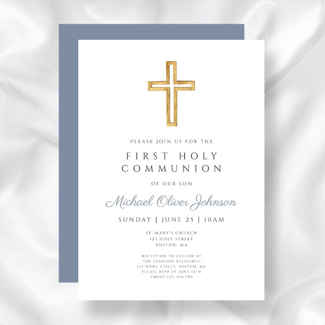 Convite Menino Cruz Azul Empoeirado Moderno Primeira Comun (Modern Dusty Blue Cross Boy First Holy Communion Invitation)