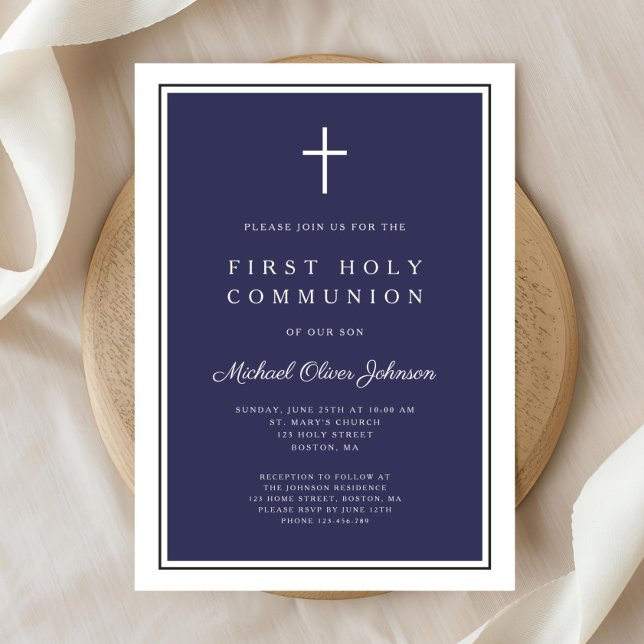 Convite Menino Cruz Azul Marinho Moderno Primeira Comunhão (Modern Navy Blue Cross Boy First Communion Invitation)
