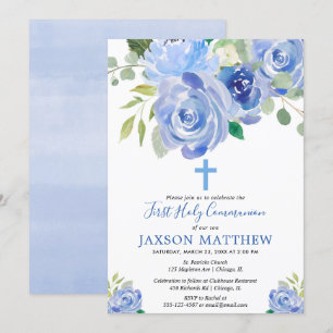 Convite menino da primeira comunhão azul aquarelas florais