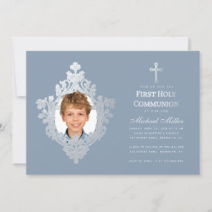 Convite Menino da Primeira Comunhão Foto Azul Poeira Faux 