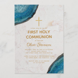 Convite Menino da Primeira Comunhão Geodo Azul Mármore Cru