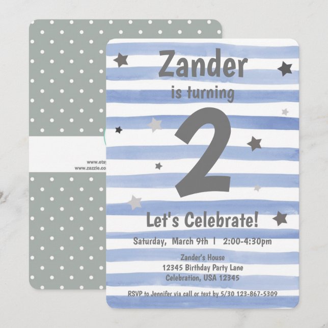 Convite menino de 1º aniversário estrela azul (Frente/Verso)