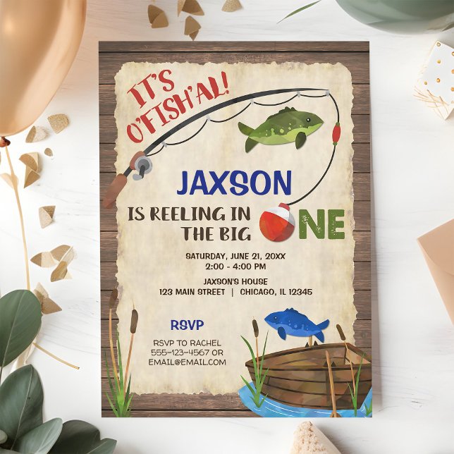 Convite Menino de 1 Ano de Idade com Tema de Pesca Rústica (Criador carregado)