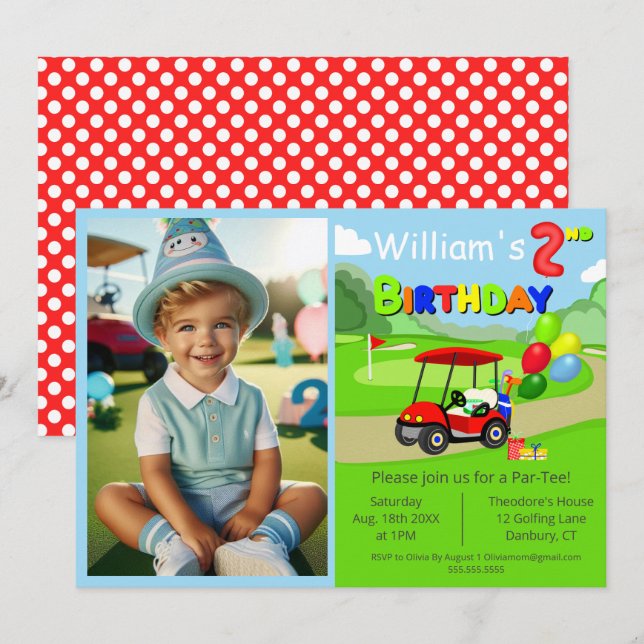 Convite Menino de 2 anos de idade com carrinho de golfe ve (Frente/Verso)