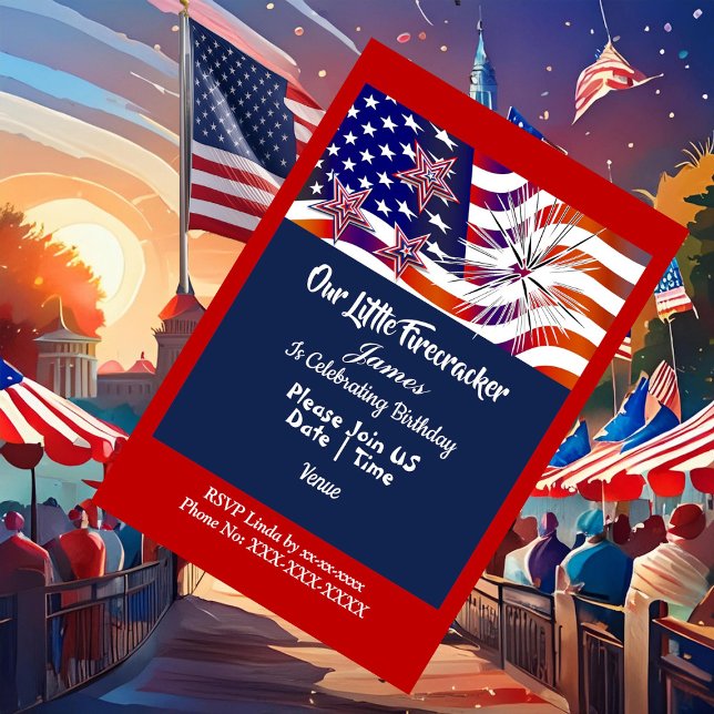 Convite Menino de Aniversário Patriota com Bandeira Americ (Patriotic American Flag Firecracker Birthday Boy Invitation)