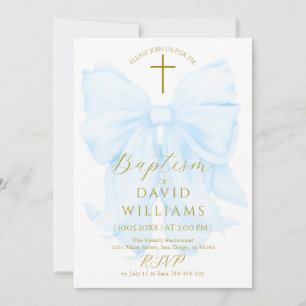 Convite Menino de Arco Dourado e Azul Batismo Elegante Dig