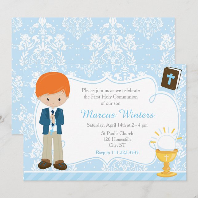 Convite Menino de Cabeça Vermelha Primeira Comunhão Damask (Frente/Verso)