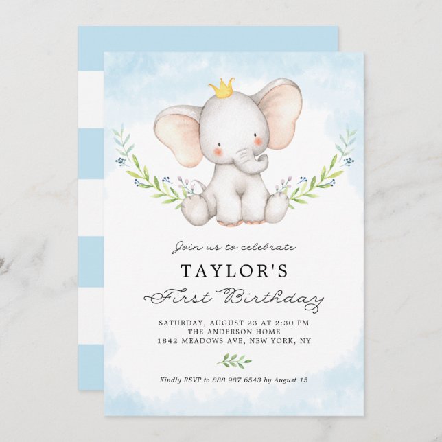 Convite Menino de Elefante Cinto-d-Água Bastante Primeiro  (Frente/Verso)