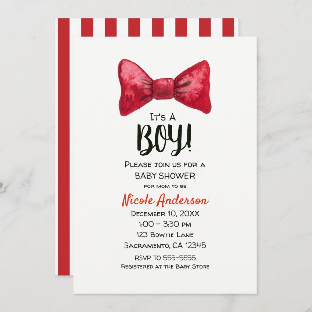 Convite Menino de Gravata Borboleta Vermelha Festa de Bebê (Frente/Verso)