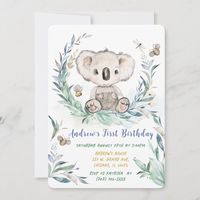 Convite Menino de Koala Personalizado Primeiro Aniversário (Frente)