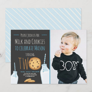 Convite Menino de Leite e Cookies Azul Segundo Aniversári