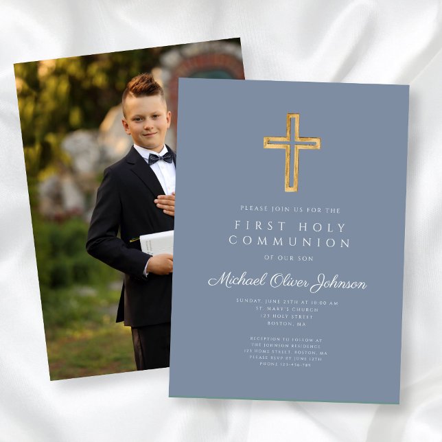 Convite Menino de Primeira Comunhão com Cruz Azul Empoeira (Dusty Blue Cross Photo Boy First Communion Invitation)