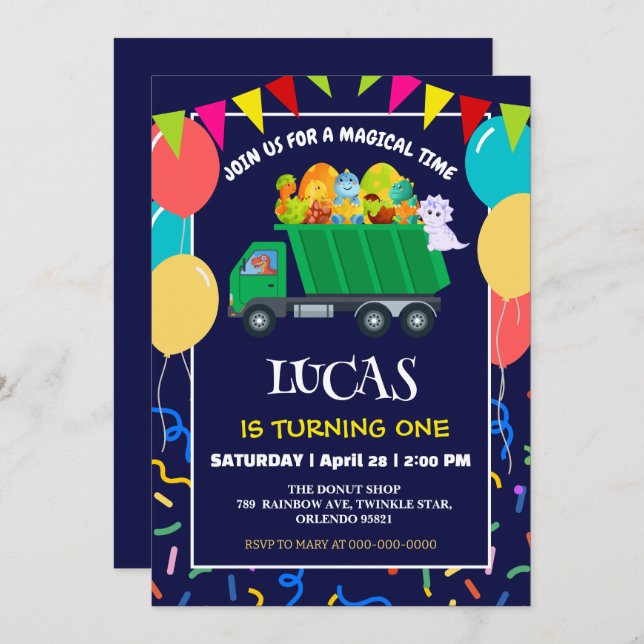 Convite Menino do aniversário do Lixo Verde do Dinossaur (Frente/Verso)