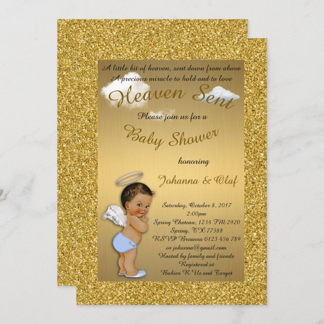 Convite Menino do chá de fraldas, anjo do bebê, brilho, (Frente/Verso)