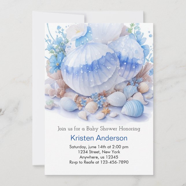 Convite Menino do Mar de Conchas Azuis Paradisíacas - Chás (Frente)