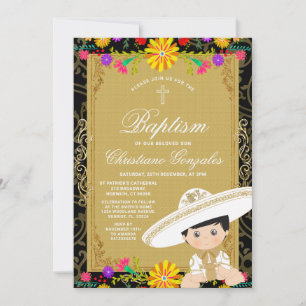 Convite Menino Dourado Festa Floral Colorida Batismo Mexic