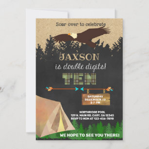 Convite Menino duplo, 10º bday acampando águia.