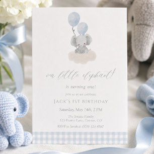 Convite Menino Elefante Xadrez Azul Primeiro Aniversário