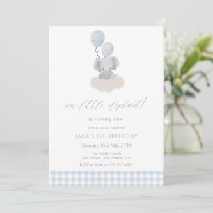Convite Menino Elefante Xadrez Azul Primeiro Aniversário 