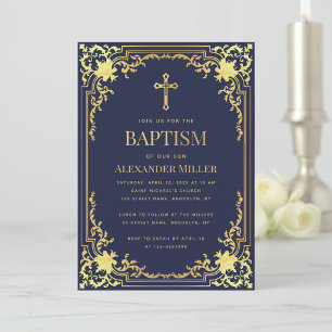 Convite Menino Elegante Batismo Azul Marinho Dourado Falso