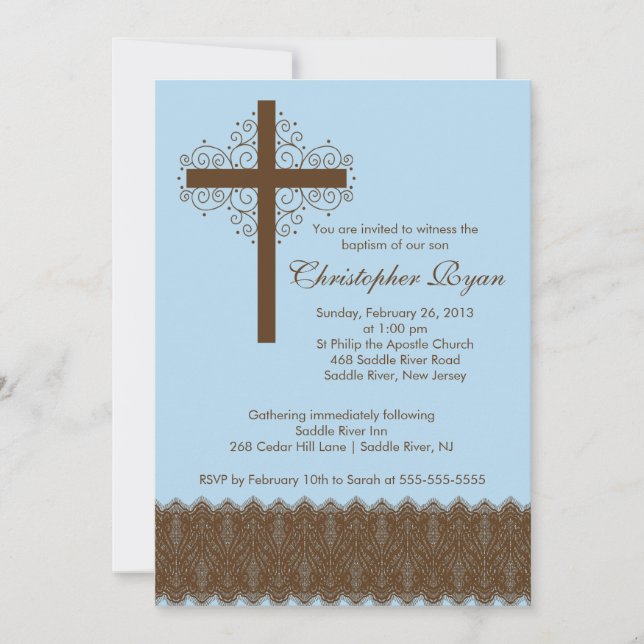 Convite Menino Elegante Lace Baptism| Cruz de Natal (Frente)