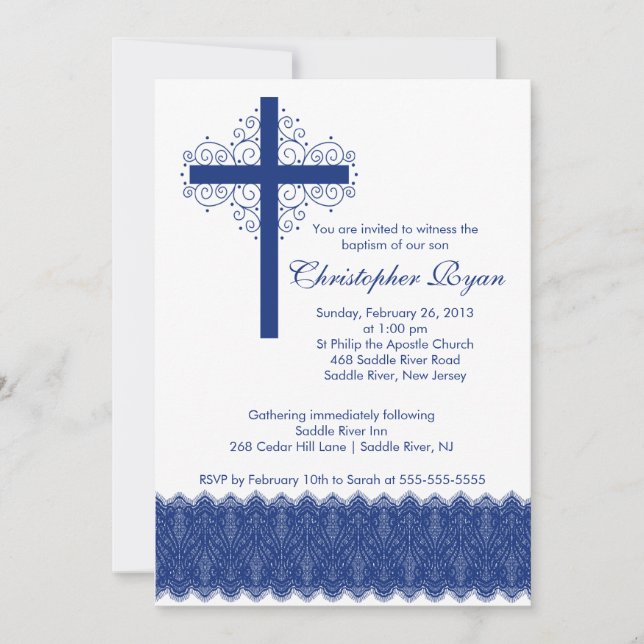 Convite Menino Elegante Lace Baptism| Cruz de Natal (Frente)