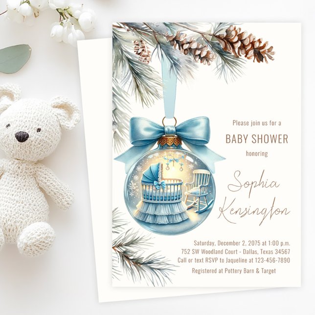 Convite Menino Enfeite de Natal Festa de Bebê de Inverno (Boy Christmas tree ornament baby shower invitation with sweet nursery scene and pine boughs.)