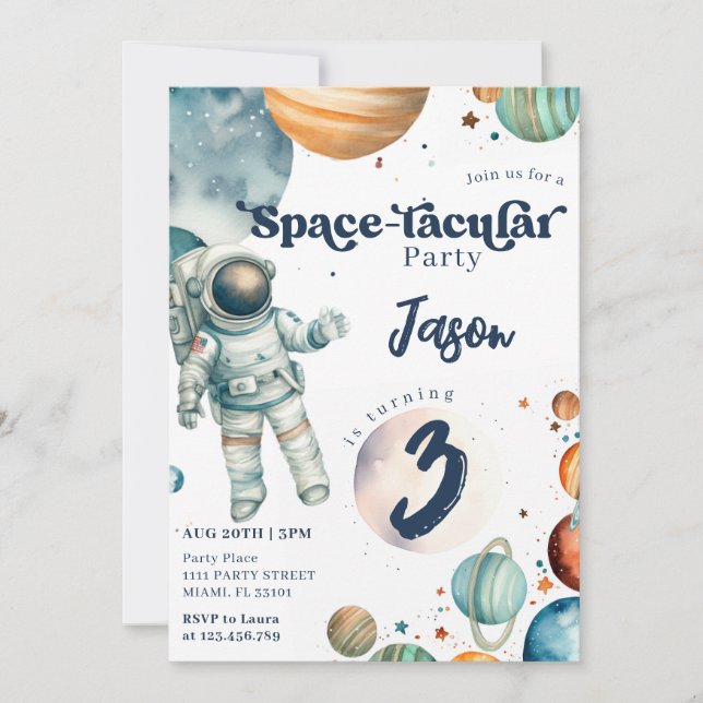 Convite Menino Espacial Astronauta Azul Aniversário (Frente)