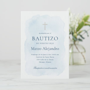 Convite Menino Espanhol Batismo Aquarela Azul Elegante