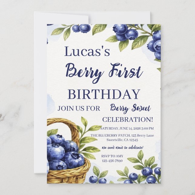 Convite Menino Faz 1 Ano Aniversário de Blueberry (Frente)