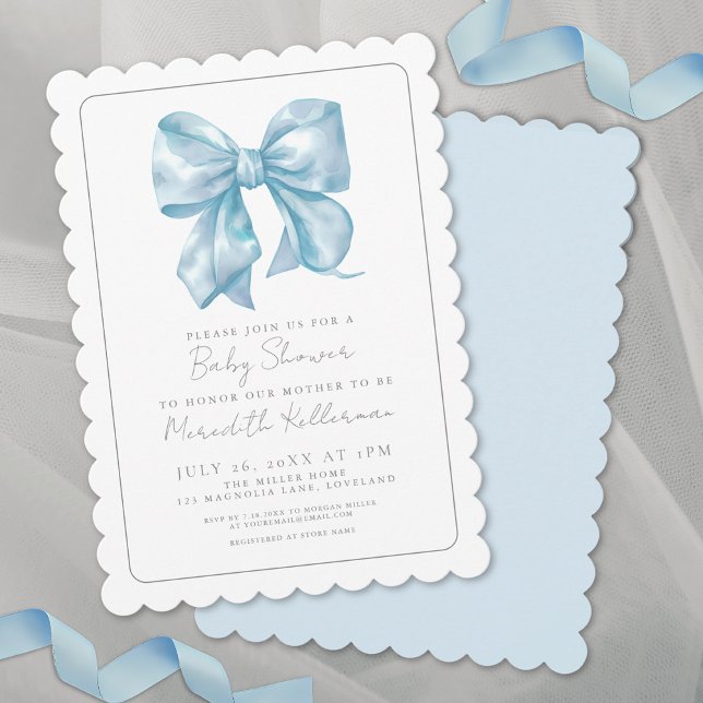 Convite Menino Fita Aquarela Azul Chá de Bebê (Boy Watercolor Ribbon Blue Bow Baby Shower Invitation)