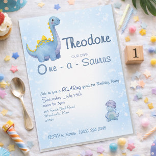 Convite Menino Fofo Azul Aquarela One-a-Saurus 1º Aniversá