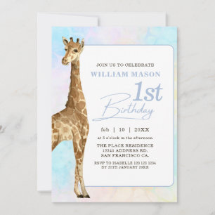 Convite Menino Girafa Fofo Aniversário de 1 Ano Azul