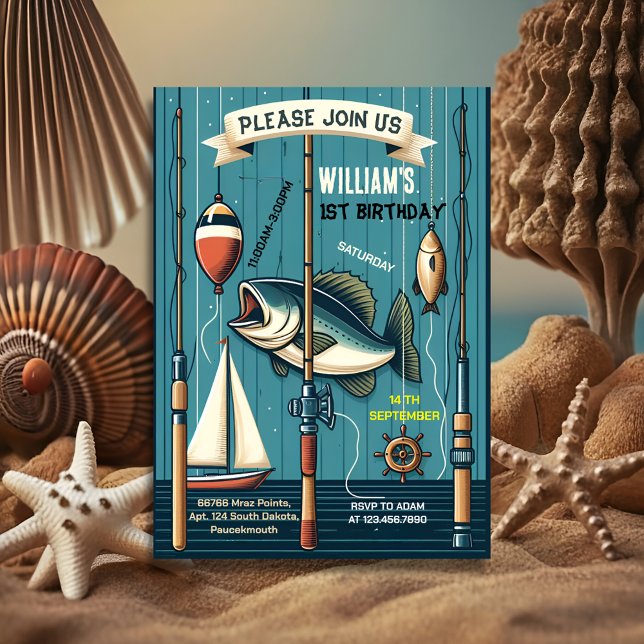 Convite menino giro de barco azul Peixe de forma ofísica u (Criador carregado)