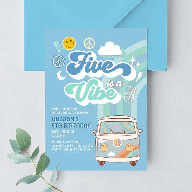 Convite Menino Groovy Van Arco-íris Cinco é Uma Vibração 5 (Criador carregado)