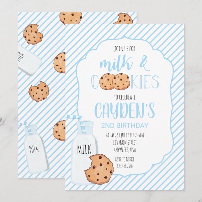 Convite Menino Leite e Biscoitos azul Aniversário (Frente/Verso)