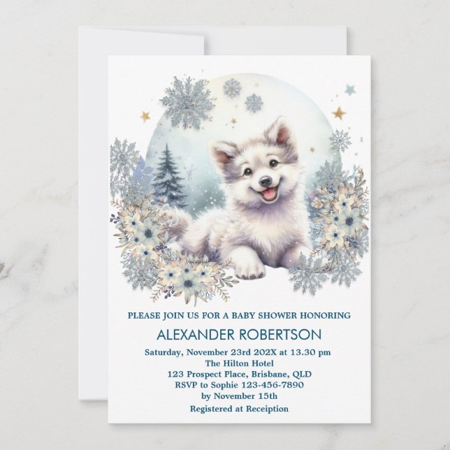 Convite Menino lobo fofo com tema de floresta de inverno e (Frente)