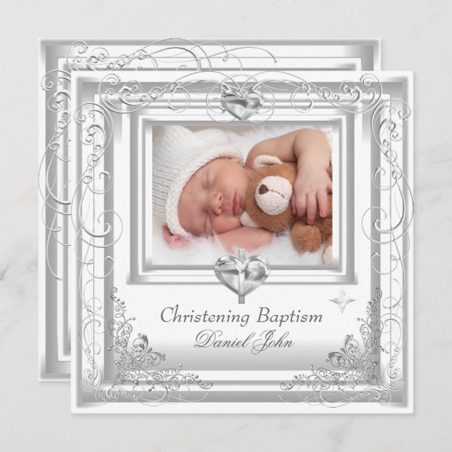 Convite Menino Menina Branco Batismo Cruz (Frente/Verso)