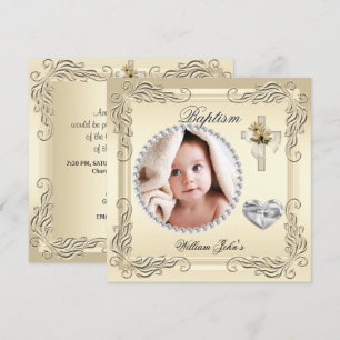 Convite Menino Menina Ouro Creme Batizado Batismo Cruz