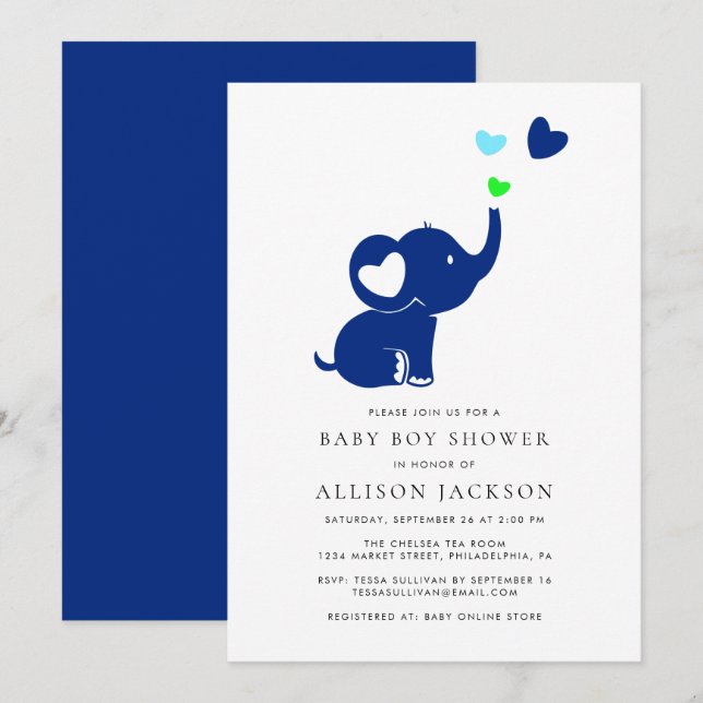 Convite Menino Mínimo Chá Corações de Elefante Azul (Frente/Verso)
