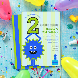 Convite Menino Monstrinho 2º Aniversário Listras Azuis e V