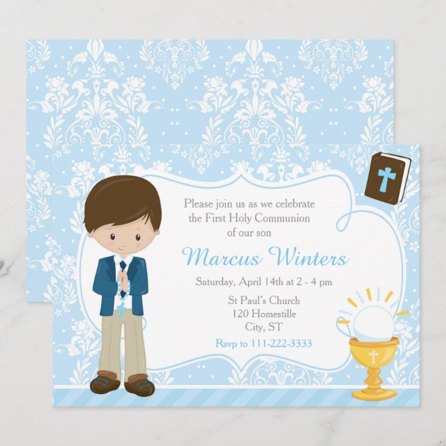 Convite Menino Moreno Primeira Comunhão Damask (Frente/Verso)