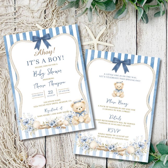 Convite Menino Náutico Azul Urso Marinheiro Chá de Bebê (Nautical Boy Blue Sailor Bear Baby Shower Invitation)