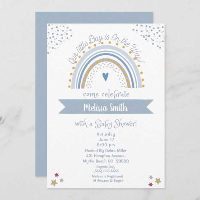 Convite Menino no Caminho do Chá de fraldas Arco-Íris Conv (Frente/Verso)