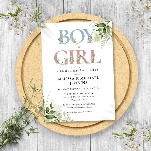 Convite Menino ou Menina Greenerescência - Letra Gênero Re (Boy Or Girl Greenery Letter Gender Reveal Party Invitation)