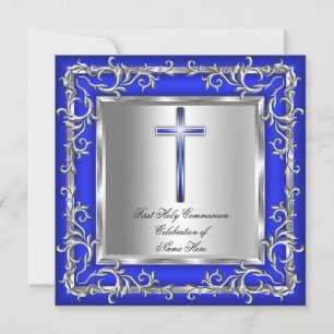 Convite Menino ou Menina Primeira Comunhão Prata Azul 3r